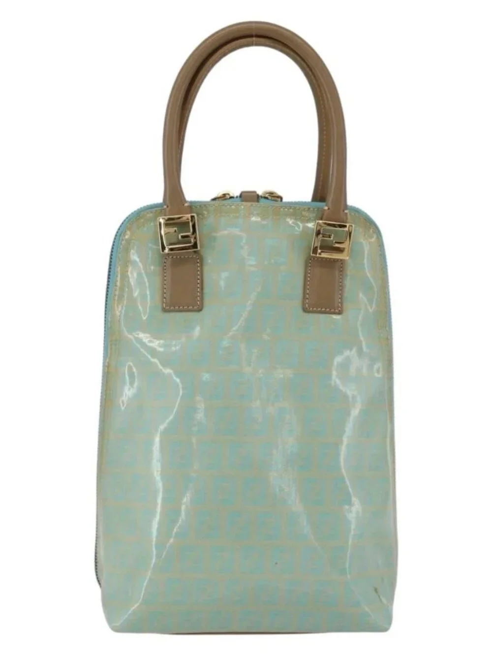 FENDI Zucchino Canvas Hand Bag Enamel Light Blue Gold Auth 159738 - Picture 2 of 16